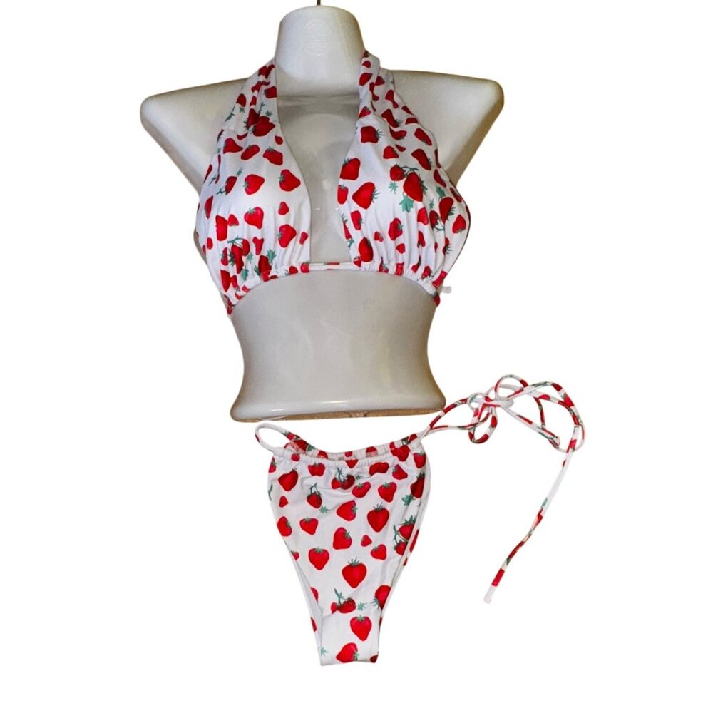 Strawberry Print Bikini Halter Top & Tie Side Brazilian Bottoms Large Sexy‎ Cute